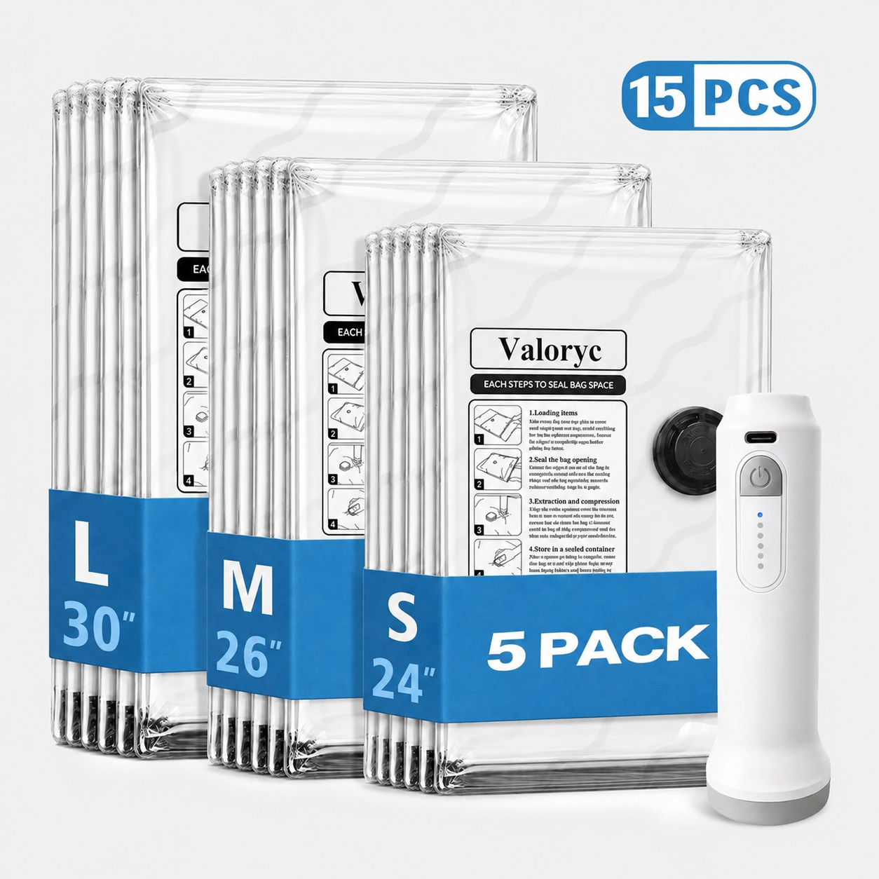 Valoryc TravelVac set: 15 vacuum bags in 3 sizes (5x 30 inch, 5x 26 inch, 5x 24 inch) with the cordless pump