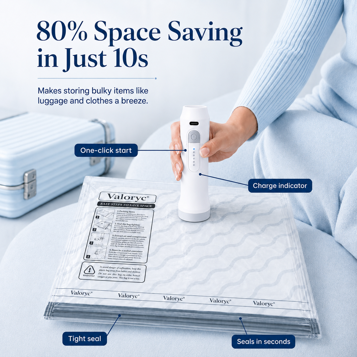 Cordless pump sealing a Valoryc vacuum bag in seconds