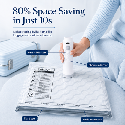 Cordless pump sealing a Valoryc vacuum bag in seconds