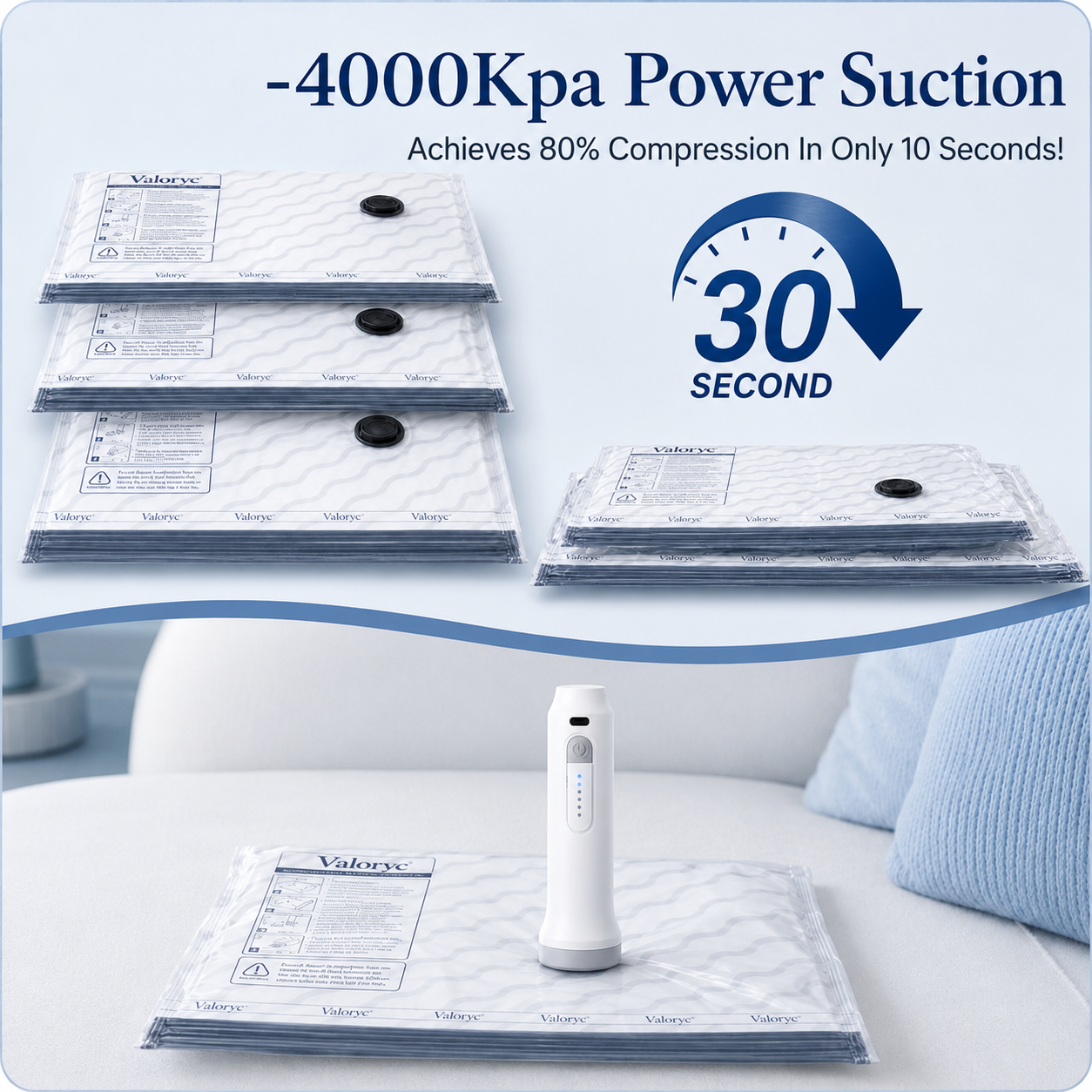 Compressed Valoryc vacuum bags stacked flat with the cordless pump