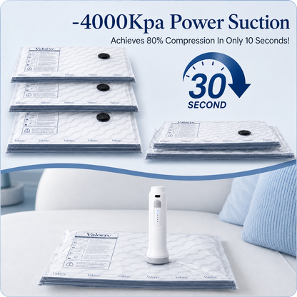 Compressed Valoryc vacuum bags stacked flat with the cordless pump